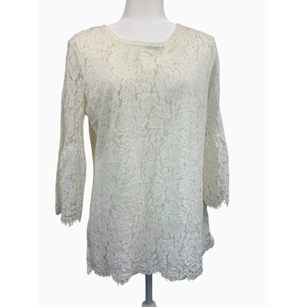 Isaac Mizrahi Live Women's Large Ivory Floral Lace 3/4 Bell Sleeve Tunic Top